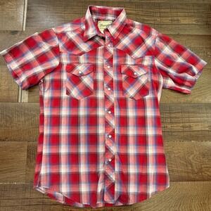 Wrangler Shirt Mens Medium Plaid Western Pearl Snap Blue Cream Short Sleeve